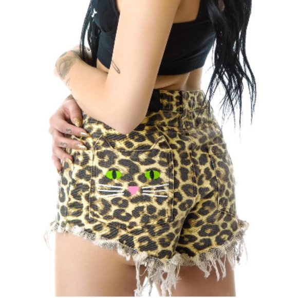 Lazy Oaf Pants - Lazy Oaf Purrfect Shorties Leopard Denim Shorts